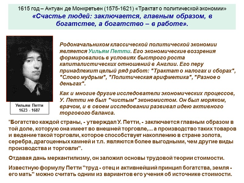 1615 год – Антуан де Монкретьен (1575-1621) «Трактат о политической экономии» «Счастье людей: заключается,